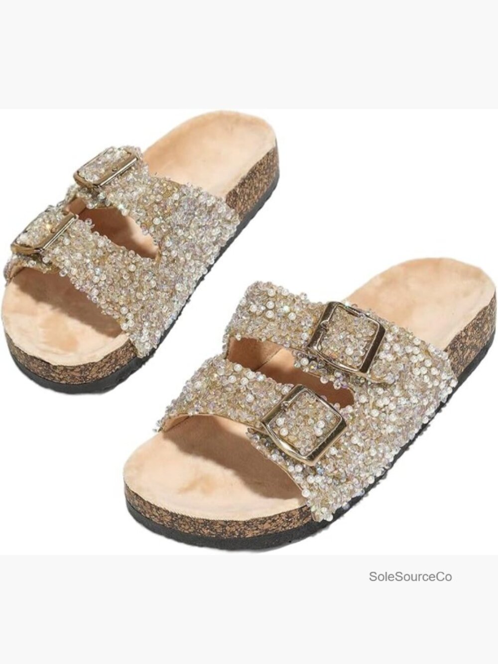 Cork Footbed Double Buckle Slide Slippers Women's Diamond Sequin Flat